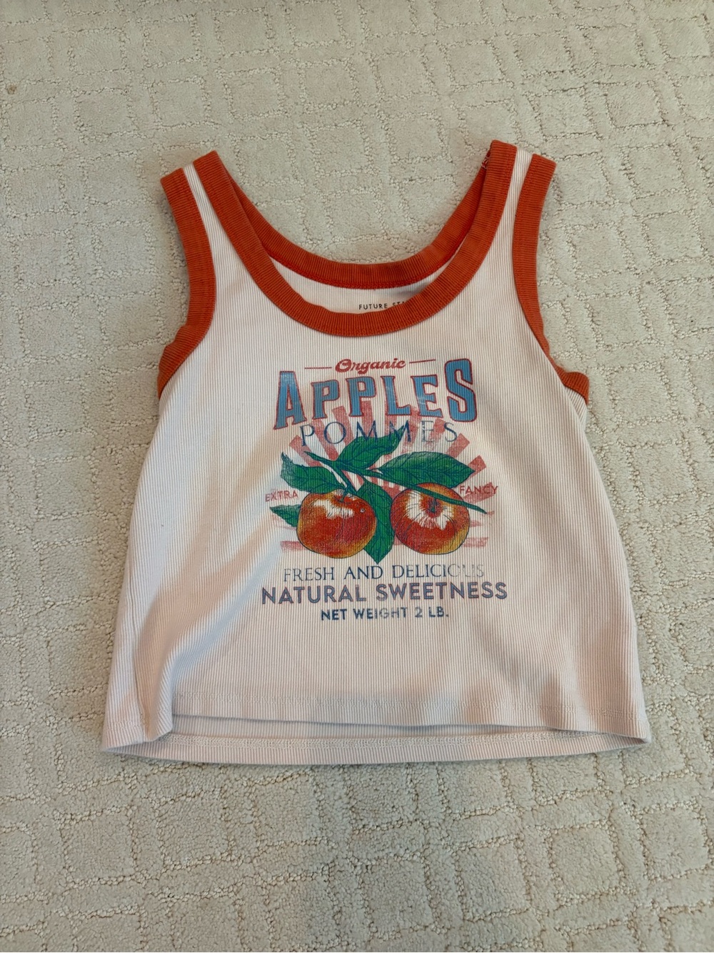 Urban Outfitters White Ribbed Apple Graphic Tank with Orange Trim